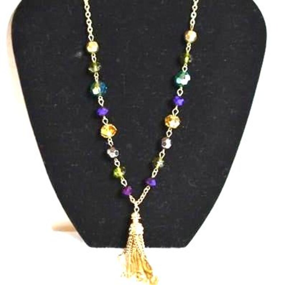 Twinkling Chic Multi Color/Shape Beaded Gold Tone Link Chain Tassel 20" Necklace